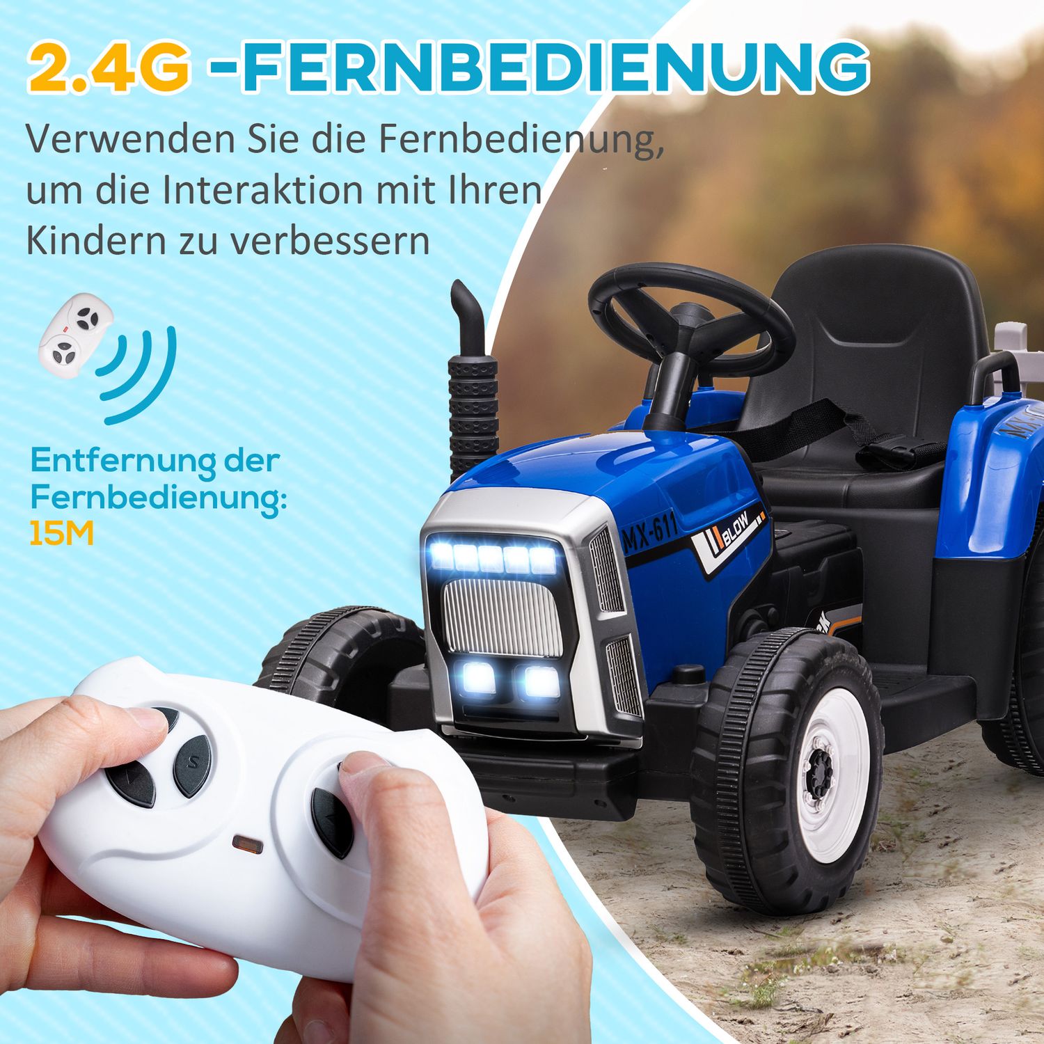 Åktraktor för barn med fjärrkontroll, MP3, strålkastare, blå